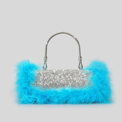 Ostrich Feathers Diamonds Evening Bags Rhinestone Women Handbag Faux Fur Shoulder Crossbody Bag