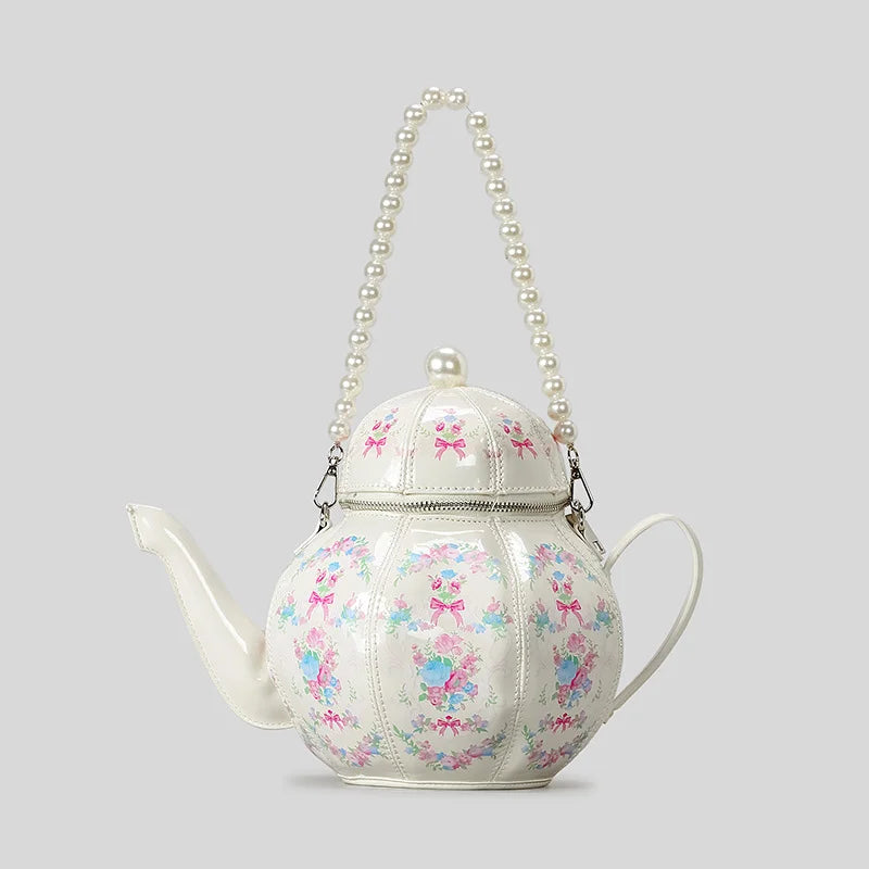 Creative Vintage Printed Teapot Design Women Handbags Pearls Chains Shoulder Bag