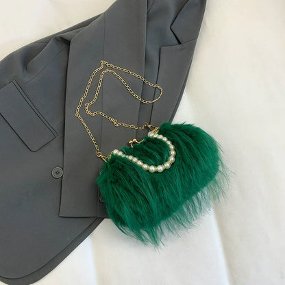 Furry Crossbody Bag with Pearl Handle Chain Plush Shoulder Bags for Women