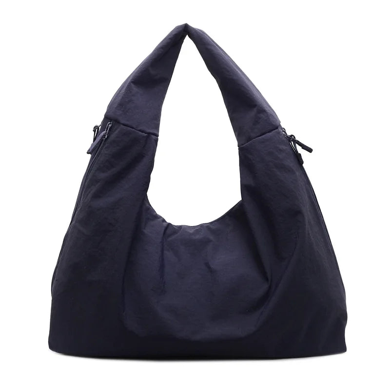 Chic Solid Color Nylon Tote Bag with Multiple Zipper Pockets, Large Capacity Casual Shoulder Bag