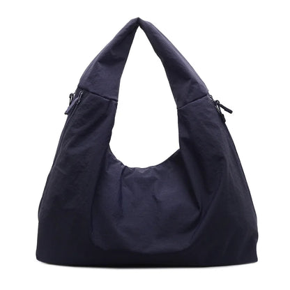 Chic Solid Color Nylon Tote Bag with Multiple Zipper Pockets, Large Capacity Casual Shoulder Bag