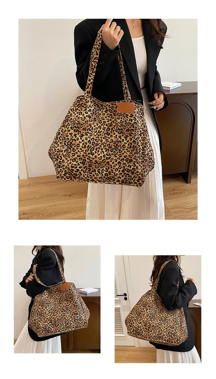 Leopard Pattern Tote Bag Vintage Canvas Shoulder Bag