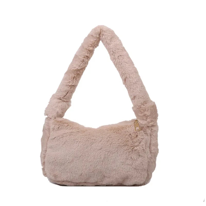 Fluffy Totes Soft Plush Underarm Bag Solid Color Purse Autumn Winter Handbag