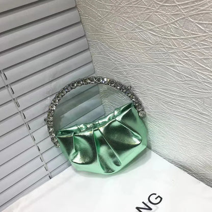 Circular Metal Handle Mini Bag  Glitter Shiny Rhinestone Evening Bag