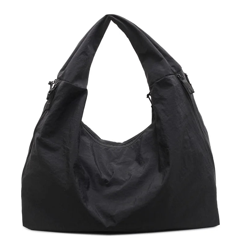 Chic Solid Color Nylon Tote Bag with Multiple Zipper Pockets, Large Capacity Casual Shoulder Bag