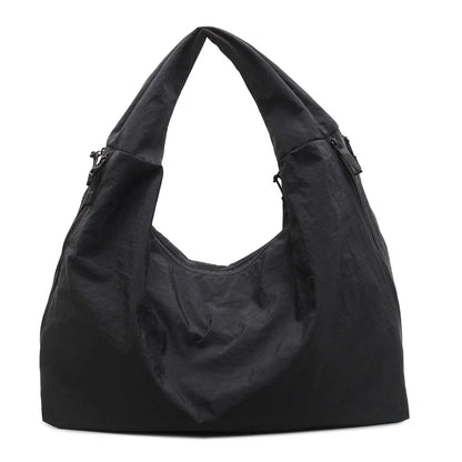 Chic Solid Color Nylon Tote Bag with Multiple Zipper Pockets, Large Capacity Casual Shoulder Bag