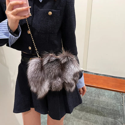 Soft Plush Evening Bags For Elegant Women Fox Fur Dinner Party Clutch