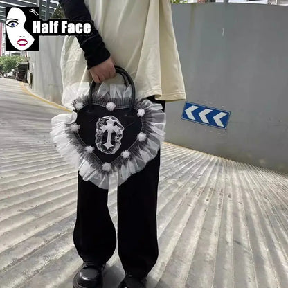 Y2K Girls Harajuku Womens Gothic Steam Punk One Shoulder Subculture Underarm Black Lolita Pearl Chain  Bag