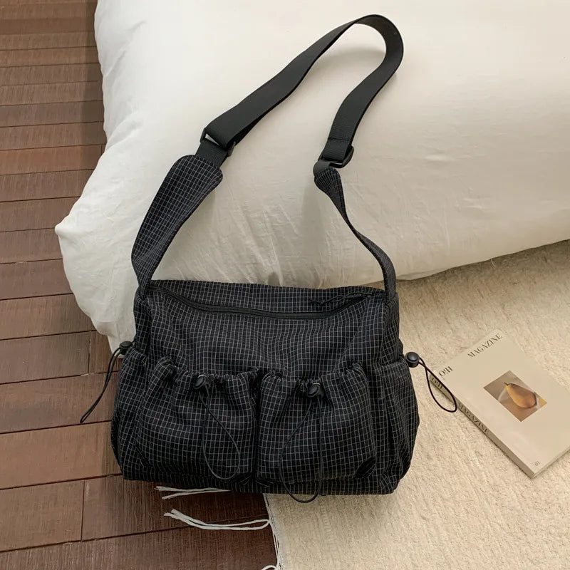 Korean Style Shoulder Bag  Simple Plaid Zipper Tote Bag