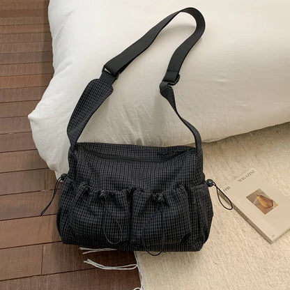 Korean Style Shoulder Bag  Simple Plaid Zipper Tote Bag