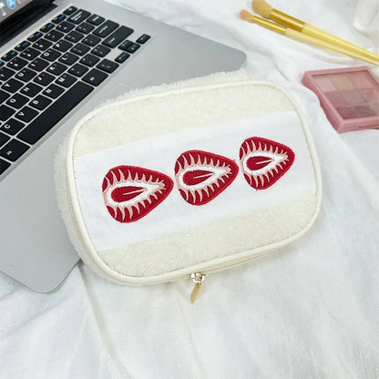 Kawaii Fuzzy  Strawberry Sandwich Cute Embroidered Pencil Case Multi-functional Cosmetic