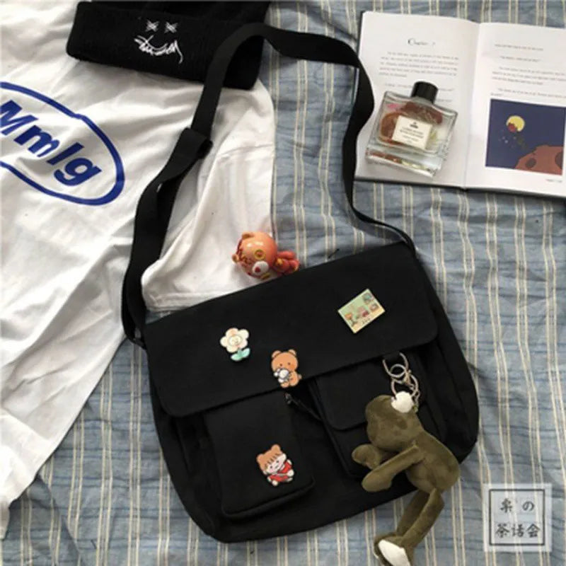 Japanese Harajuku Cute Retro Girl Shoulder Bag Chic Badge Canvas Crossbody Bags