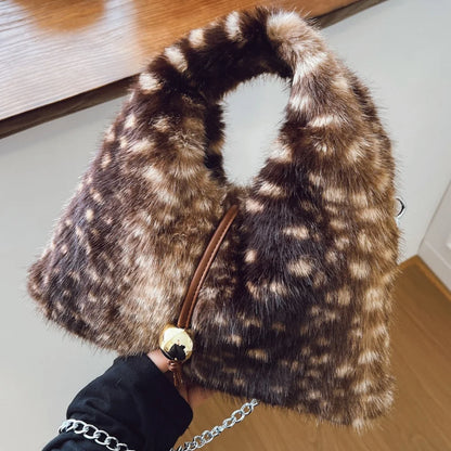 Fluffy Deer Pattern Shoulder Faux Fur Bags for Women