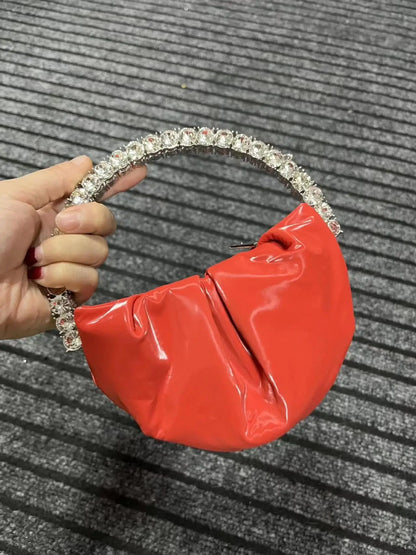 Circular Metal Handle Mini Bag  Glitter Shiny Rhinestone Evening Bag