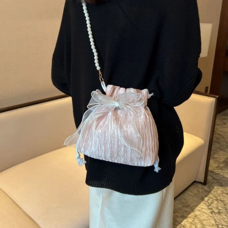 Crossbody Bag with Faux Pearl Chain - Versatile Bucket Shoulder Purse for Women