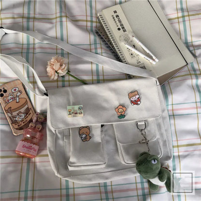 Japanese Harajuku Cute Retro Girl Shoulder Bag Chic Badge Canvas Crossbody Bags