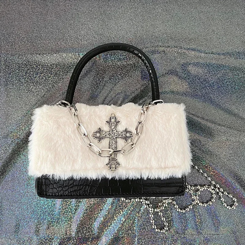 Y2k Gothic Handbag for Women Soft Plush Cross  Applique Chain Shoulder Bag