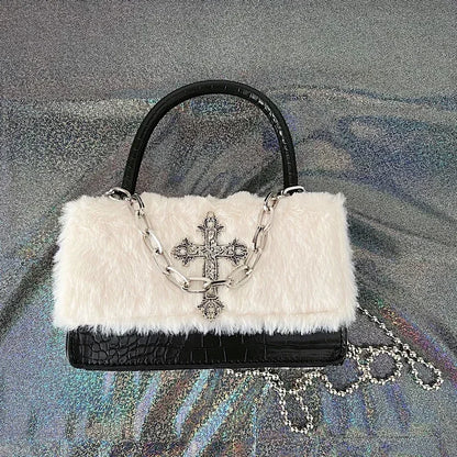 Y2k Gothic Handbag for Women Soft Plush Cross  Applique Chain Shoulder Bag