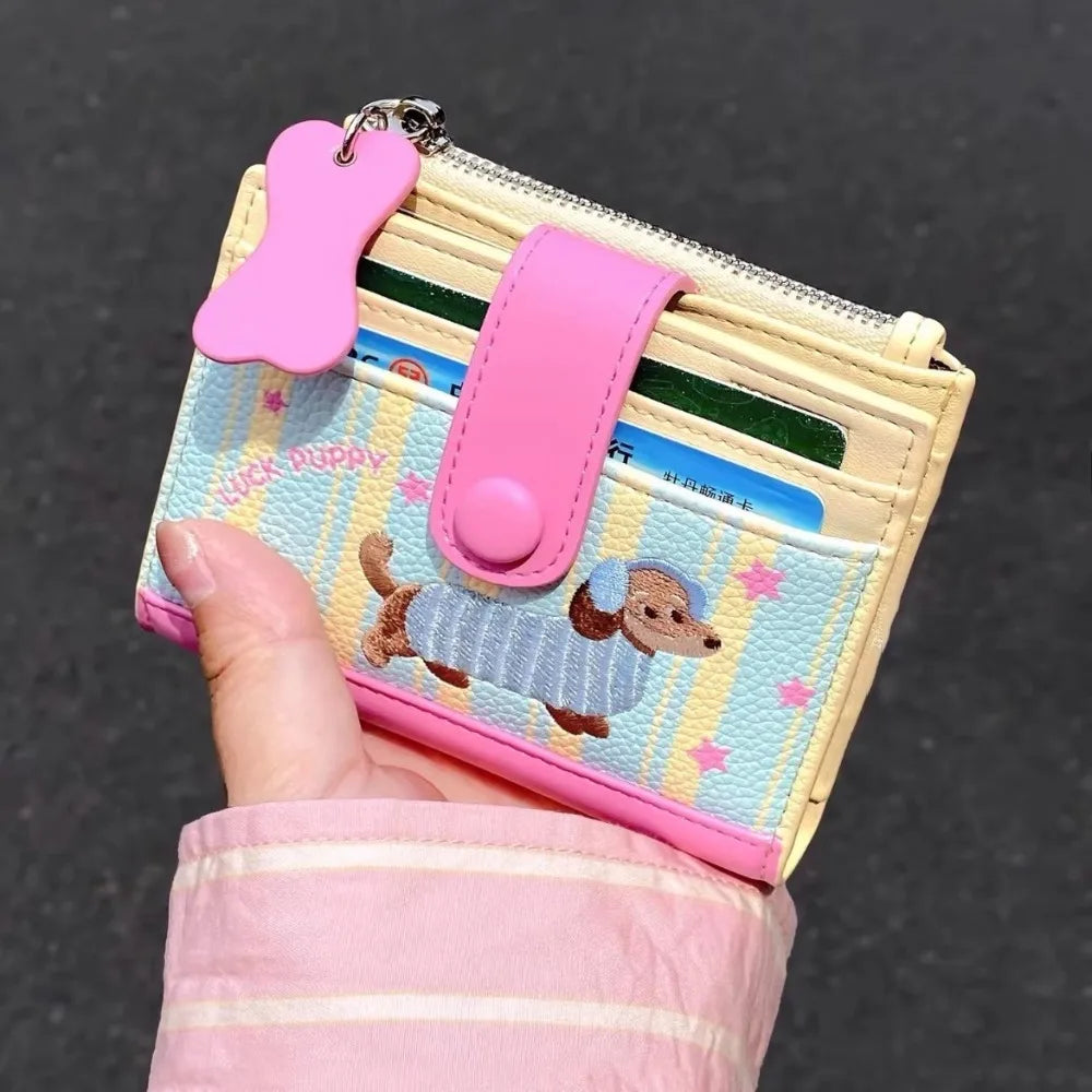 Korean Style Dachshund Embroidery Short Wallet