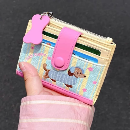 Korean Style Dachshund Embroidery Short Wallet
