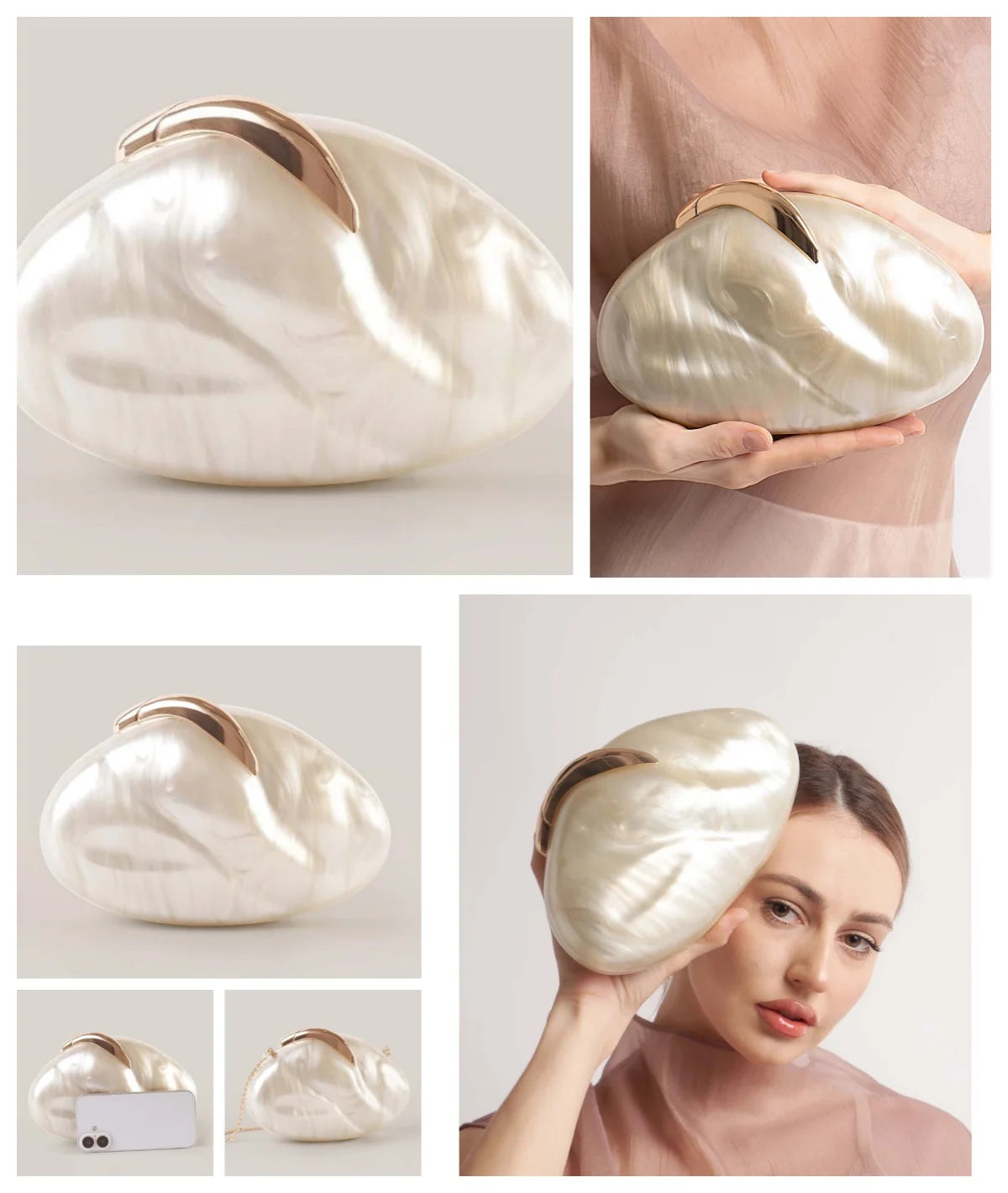Flower Oval Egg Shell Acrylic Pearl Beige Frame Purse Women Wedding Evening Party  Ivory Handbag Mini Beach Bags