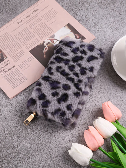 Plush Coin Purse, Stylish Leopard Print Long Wallet, Portable For Daily