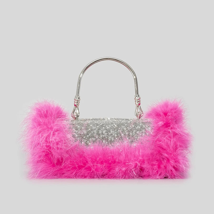 Ostrich Feathers Diamonds Evening Bags Rhinestone Women Handbag Faux Fur Shoulder Crossbody Bag