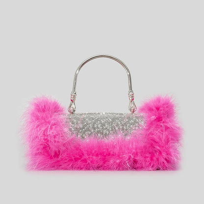 Ostrich Feathers Diamonds Evening Bags Rhinestone Women Handbag Faux Fur Shoulder Crossbody Bag