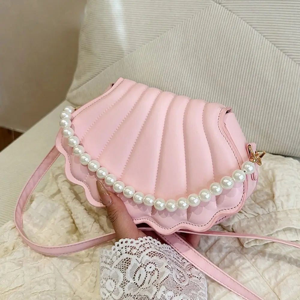 Cute Shell Shoulder Bag Minimalist with Pearls Design PU Leather Pearl Decorated Handbag for Women
