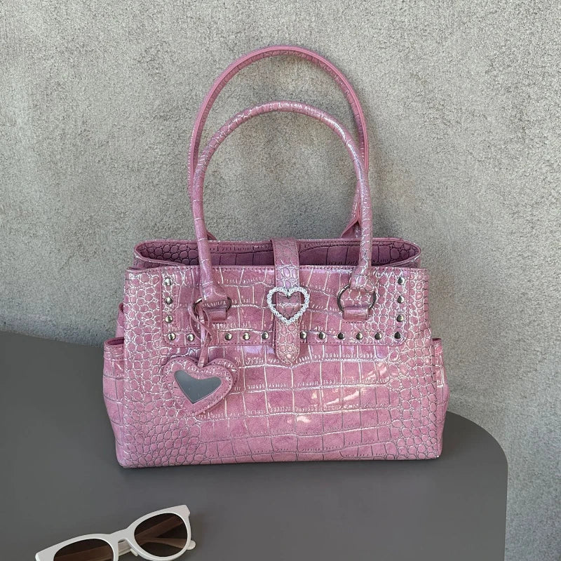 Light Luxury Crocodile-print Handbag For Hot Girls Pink Heart Pattern