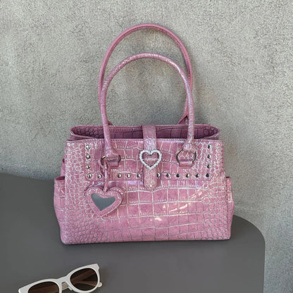 Light Luxury Crocodile-print Handbag For Hot Girls Pink Heart Pattern
