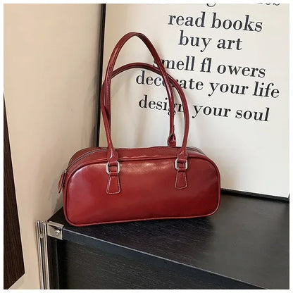 Solid Color PU Leather Underarm Bags For Women Spring Korean Fashion Retro Simple