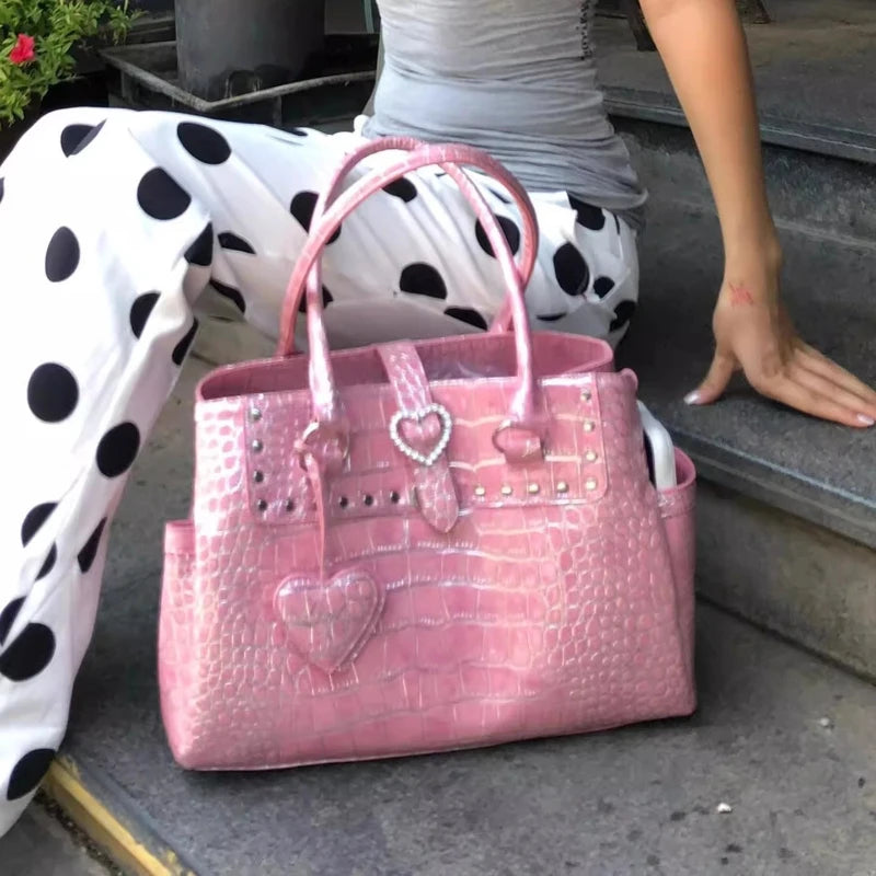 Light Luxury Crocodile-print Handbag For Hot Girls Pink Heart Pattern