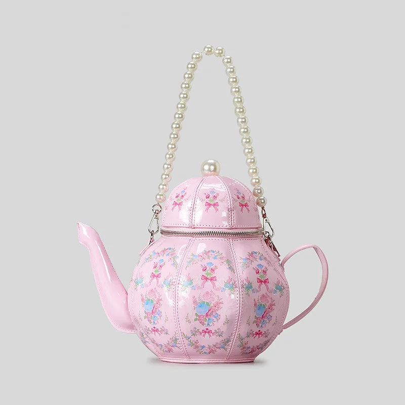 Creative Vintage Printed Teapot Design Women Handbags Pearls Chains Shoulder Bag