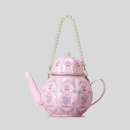 Creative Vintage Printed Teapot Design Women Handbags Pearls Chains Shoulder Bag