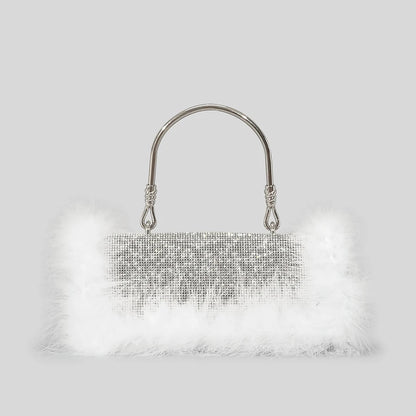 Ostrich Feathers Diamonds Evening Bags Rhinestone Women Handbag Faux Fur Shoulder Crossbody Bag