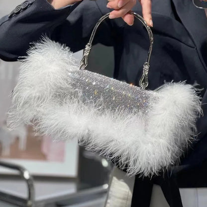 Ostrich Feathers Diamonds Evening Bags Rhinestone Women Handbag Faux Fur Shoulder Crossbody Bag