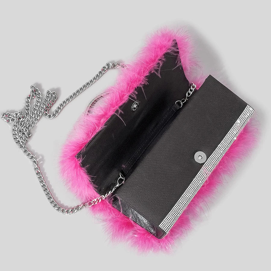 Ostrich Feathers Diamonds Evening Bags Rhinestone Women Handbag Faux Fur Shoulder Crossbody Bag