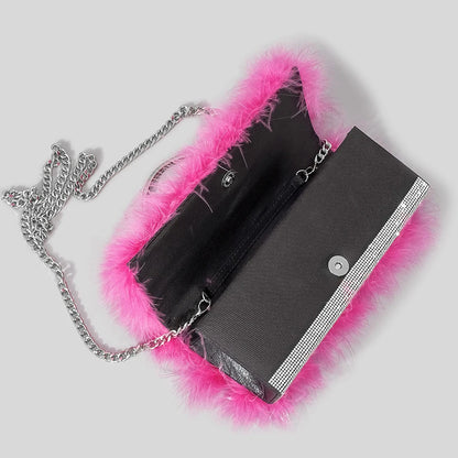 Ostrich Feathers Diamonds Evening Bags Rhinestone Women Handbag Faux Fur Shoulder Crossbody Bag