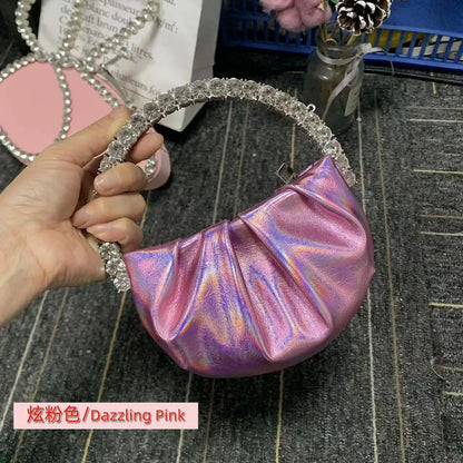 Circular Metal Handle Mini Bag  Glitter Shiny Rhinestone Evening Bag