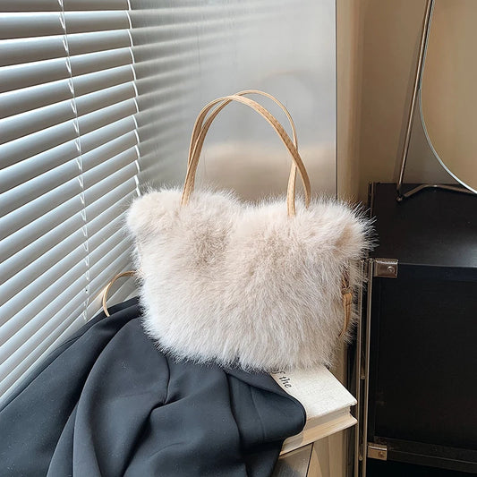 Furry Handbag Pearl Chain Plush Small Square Elegant Shoulder Autumn Winter Versatile Crossbody Bag