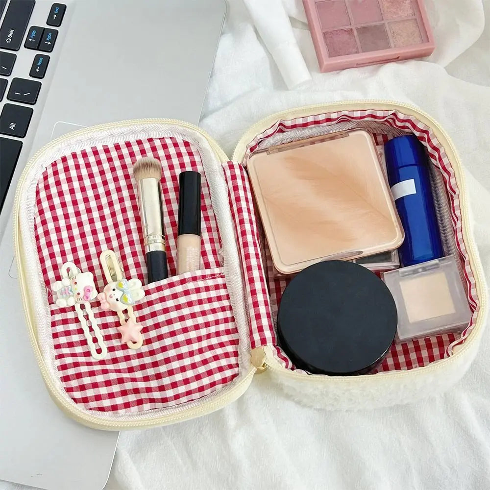 Kawaii Fuzzy  Strawberry Sandwich Cute Embroidered Pencil Case Multi-functional Cosmetic