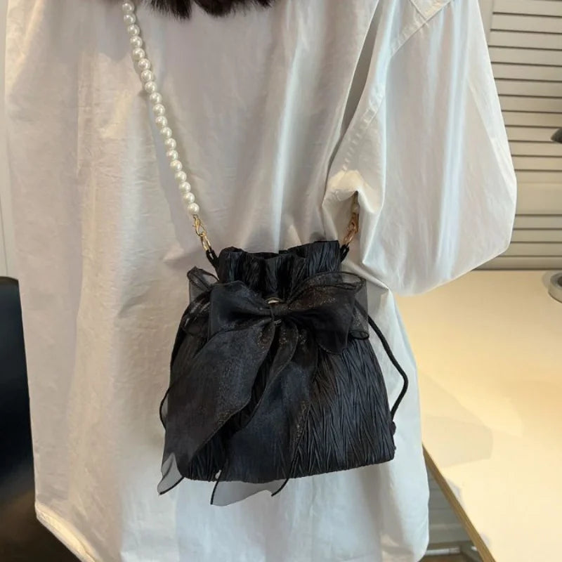 Crossbody Bag with Faux Pearl Chain - Versatile Bucket Shoulder Purse for Women