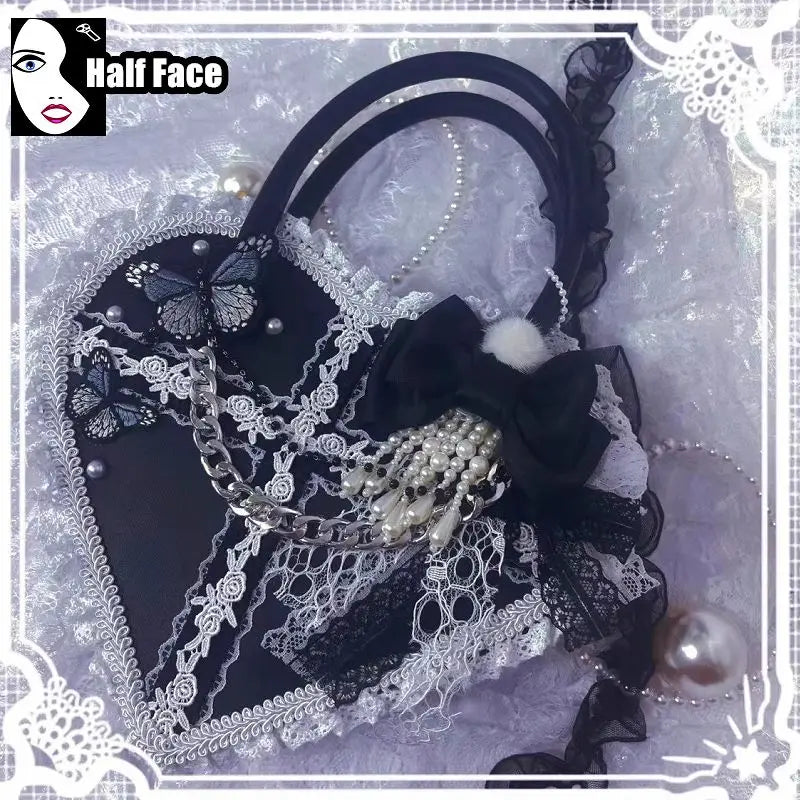 Y2K Girls Harajuku Womens Gothic Steam Punk One Shoulder Subculture Underarm Black Lolita Pearl Chain  Bag