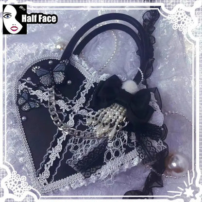 Y2K Girls Harajuku Womens Gothic Steam Punk One Shoulder Subculture Underarm Black Lolita Pearl Chain  Bag