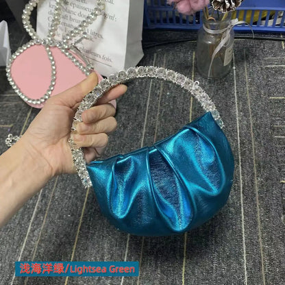 Circular Metal Handle Mini Bag  Glitter Shiny Rhinestone Evening Bag