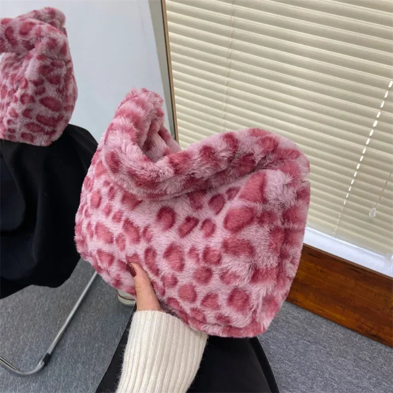 Y2k Korean Plush Retro Leopard Print Bags for Women
