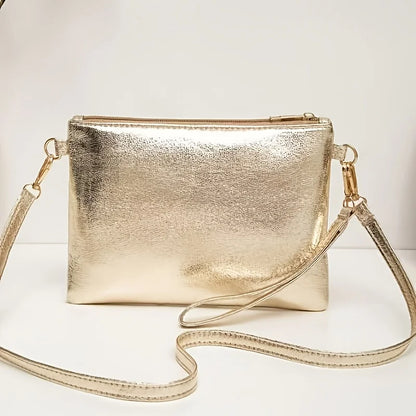 Elegant Gold Shiny Strap Zipper Closure Shoulder Bag