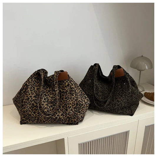 Leopard Pattern Tote Bag Vintage Canvas Shoulder Bag