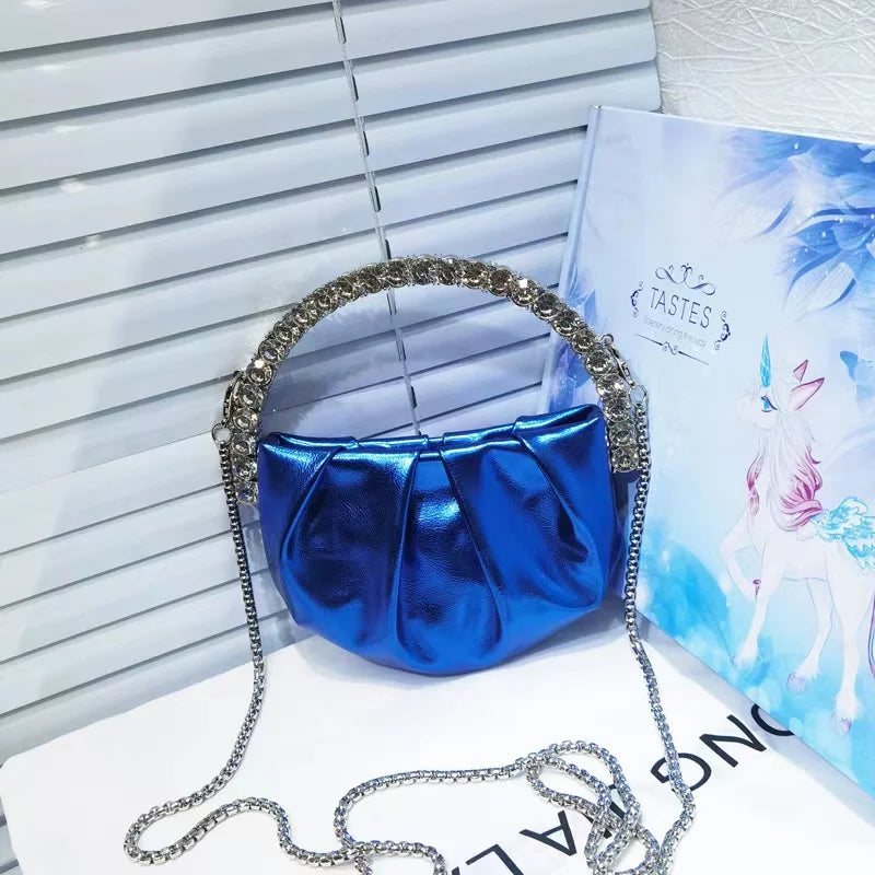 Circular Metal Handle Mini Bag  Glitter Shiny Rhinestone Evening Bag